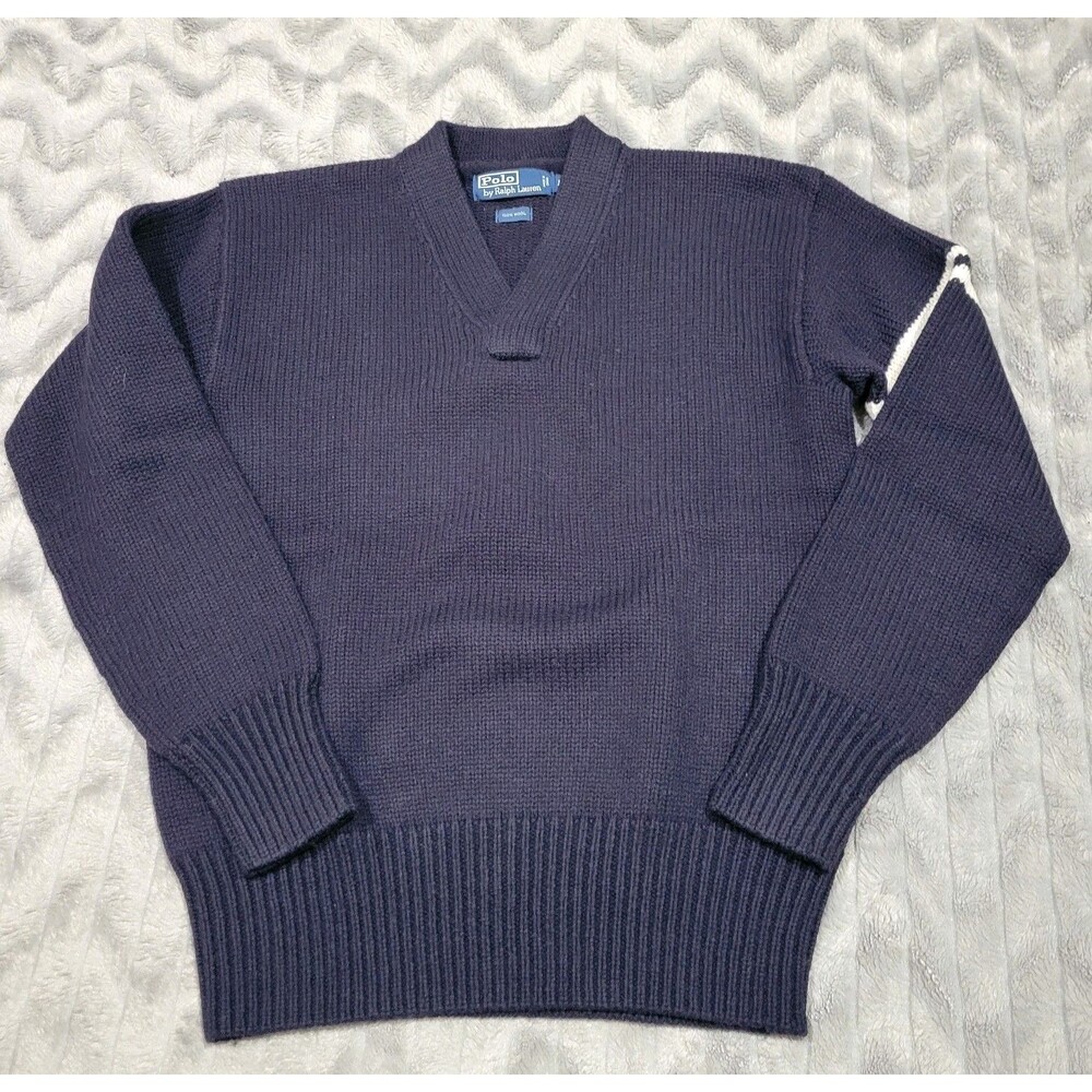 Polo Ralph Lauren Mens M 100% Wool Vtg V Neck Navy Blue Preppy Knit Sweater